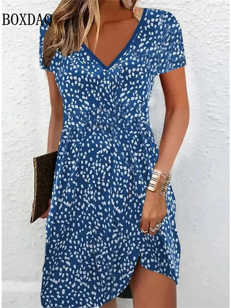 Vestido Feminino Casual Boho Praia - Estampa Floral Decote V Manga Curta Plus Size