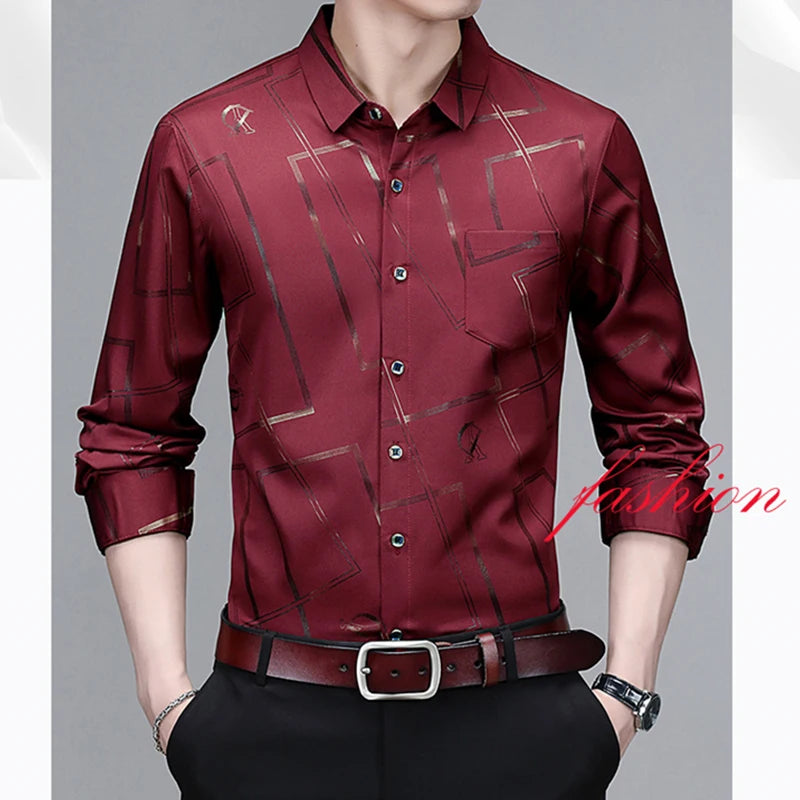 Camisa Masculina Manga Longa Estampada - Sem Amassado Business Casual