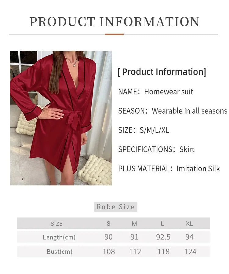 Robe Feminino de Cetim com Cinto - Decote V Manga Longa Pijama Lounge Verão