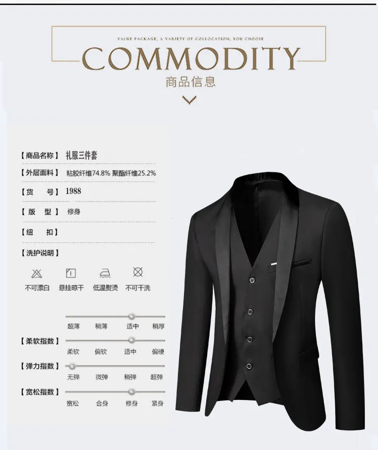 US Size Men Lapel Black Collar 3 Pcs Suit Set Coat Vest Trousers / Business Groom Wedding Dress Fprmal Blazer Pants Waistcoat