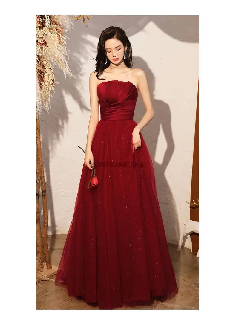 Satin Strapless Evening Prom Dresses for Women Summer 2026 Elegant Sexy Ruched Mesh Long Formal Party Show Host Dress Vestidos