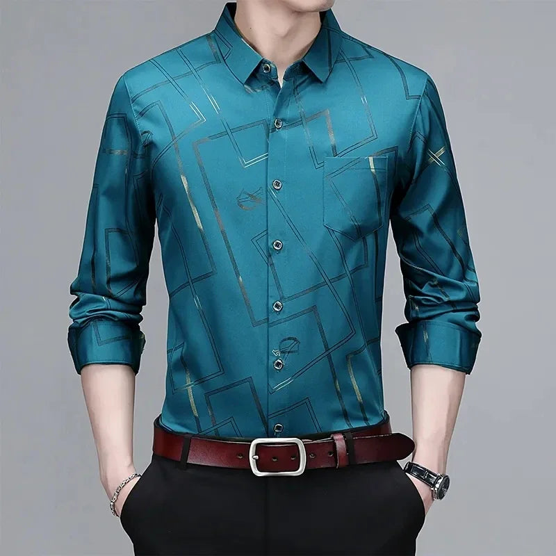 Camisa Masculina Manga Longa Estampada - Sem Amassado Business Casual