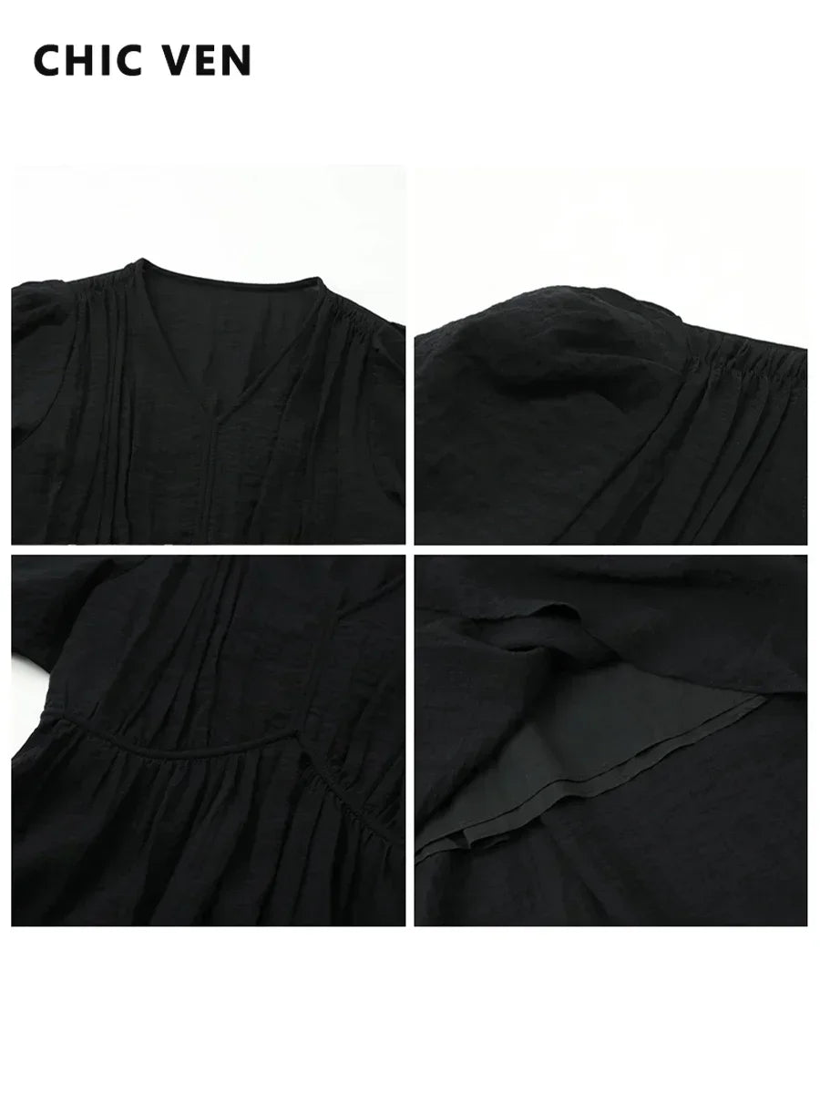 Vestido Longo Feminino Estilo Francês Vintage - Decote V Manga Bufante Preto Solto