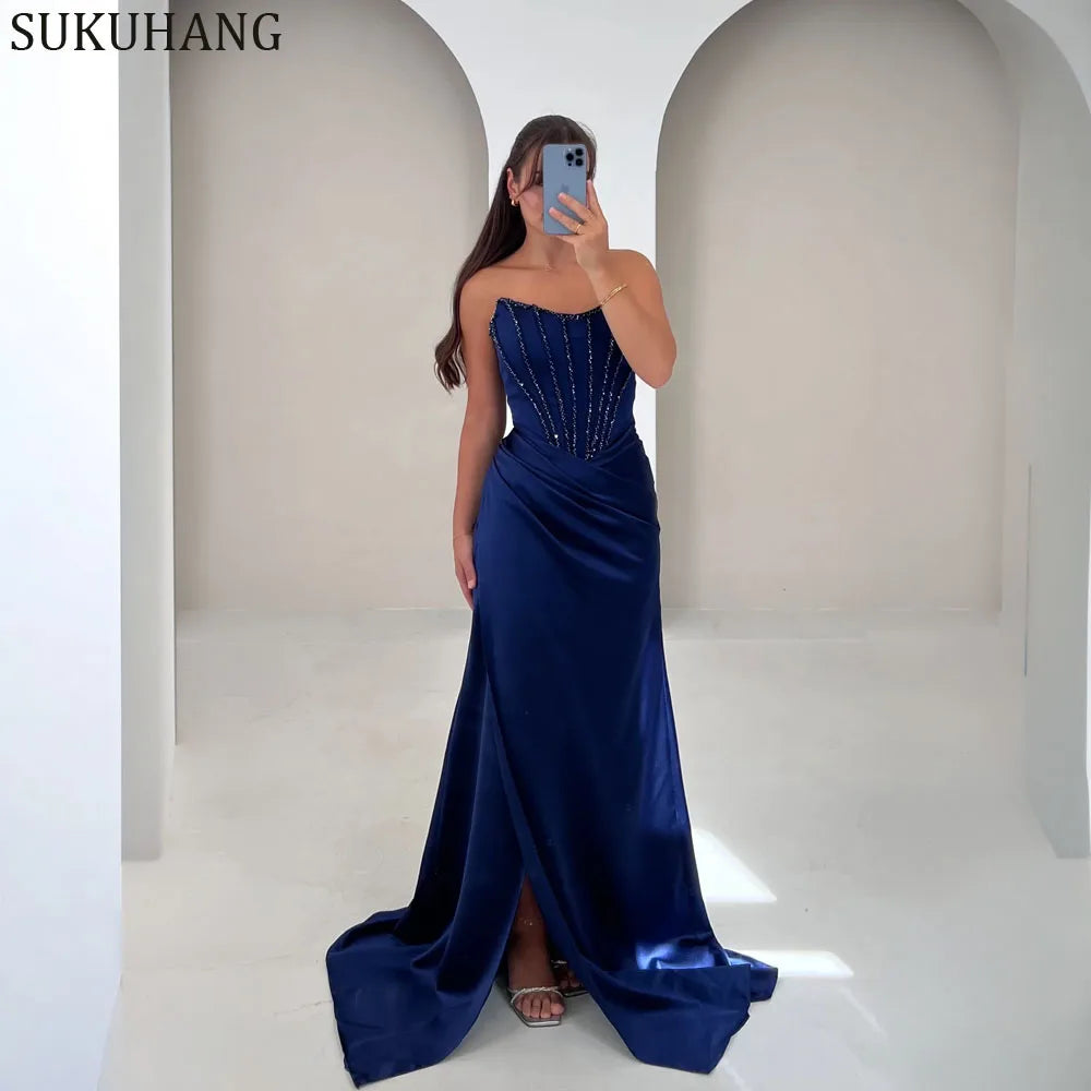 Customized Blue Evening Dress Satin Strapless Prom Dress Formal Party Gown with Beaded Sexy Split Formal Women Dress