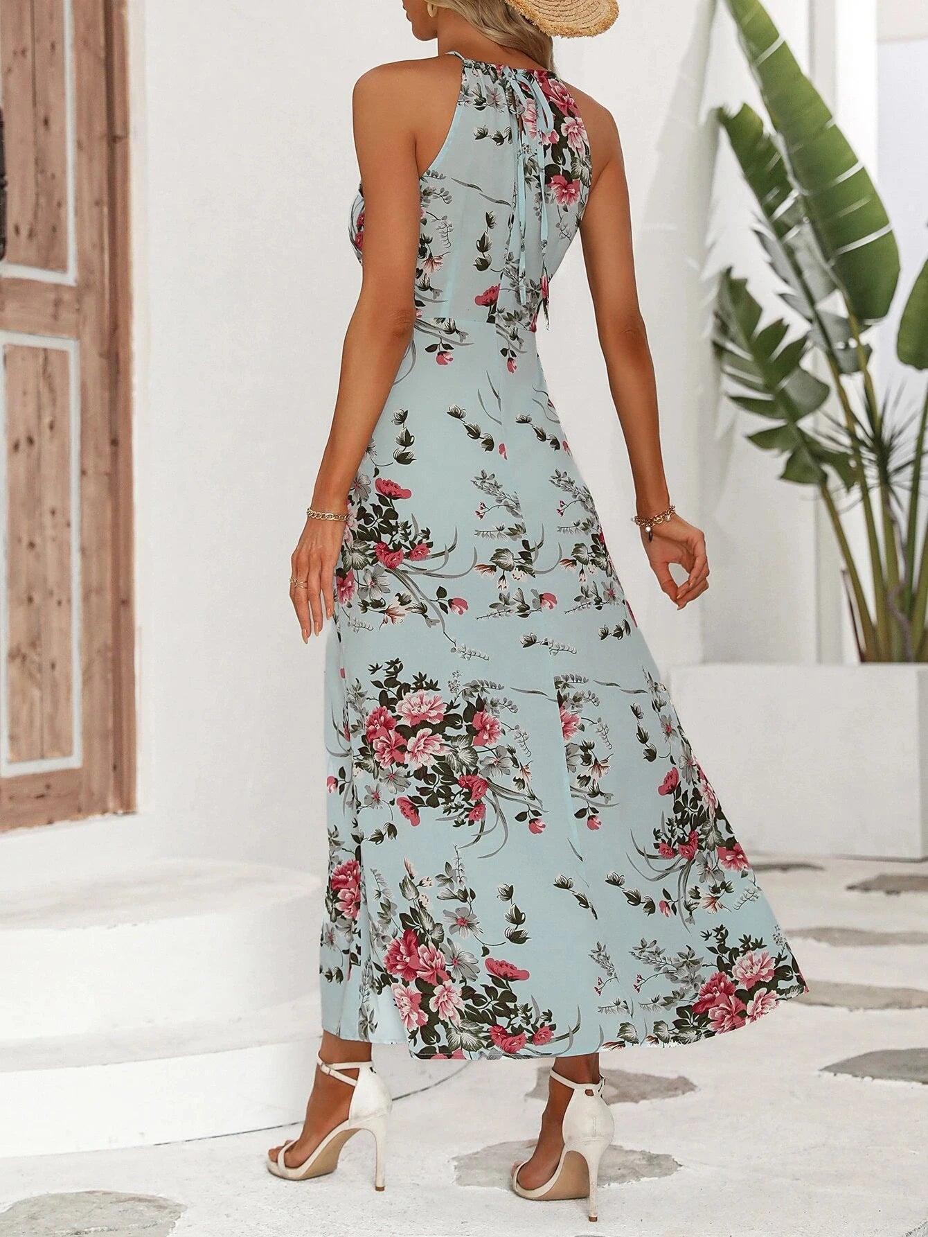 Vestido Halter Floral com Fenda Alta - Sleeveless Sexy Bodycon Praia Festa Verão