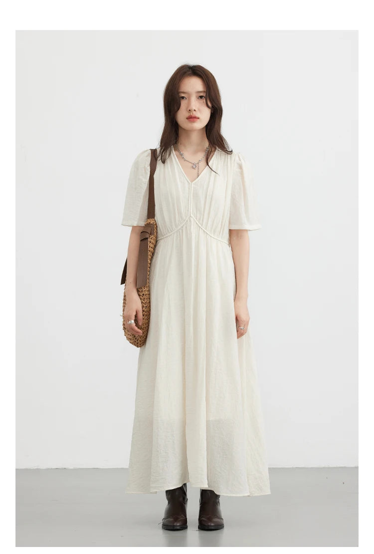 Vestido Longo Feminino Estilo Francês Vintage - Decote V Manga Bufante Preto Solto