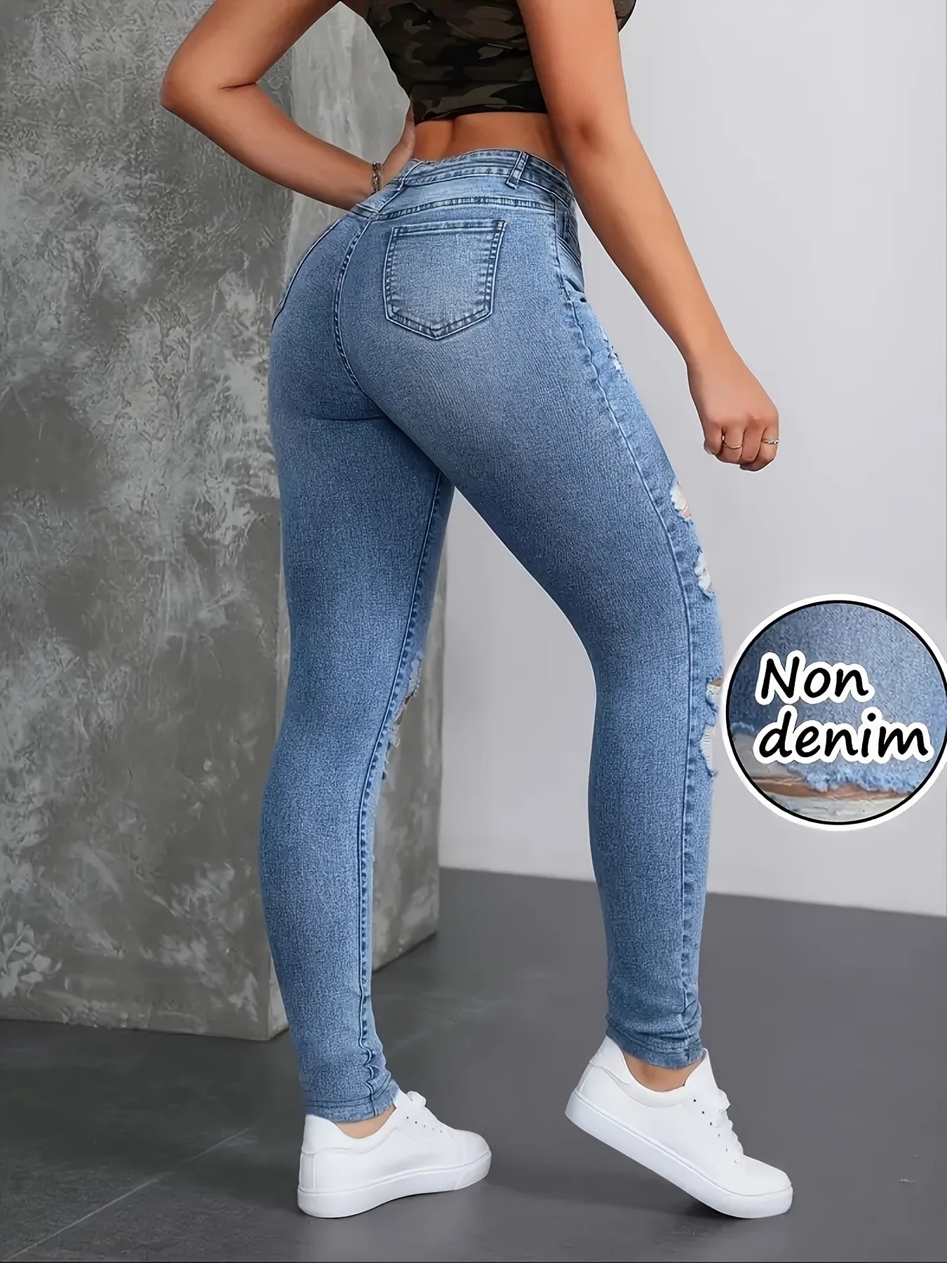 Calça Legging Feminina Estampada Imitando Jeans - Alta Elasticidade Sem Costura Esportiva