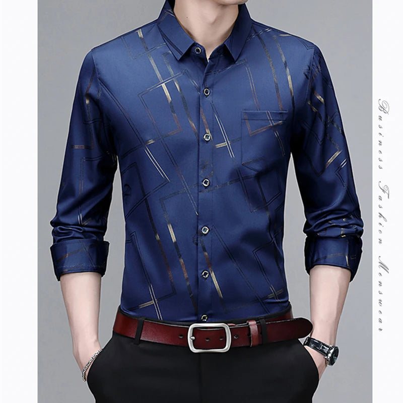 Camisa Masculina Manga Longa Estampada - Sem Amassado Business Casual