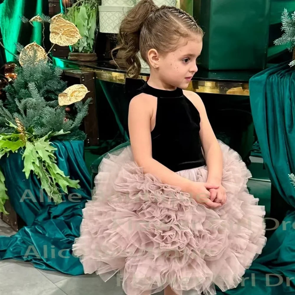 Pink Tulle High-Low Flower Girl Dresses High O Neck Sleeveless Ball Gown Sweap Train Birthday Party Dress Lovely Robe Customized