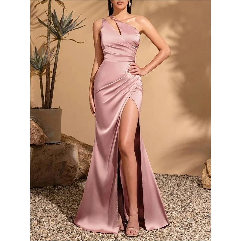 Women's Asymmetric One-Shoulder Satin Maxi Dress Lustrous Glossy Fabric Cutout Formal Dress for Weddings And Special Occasions
