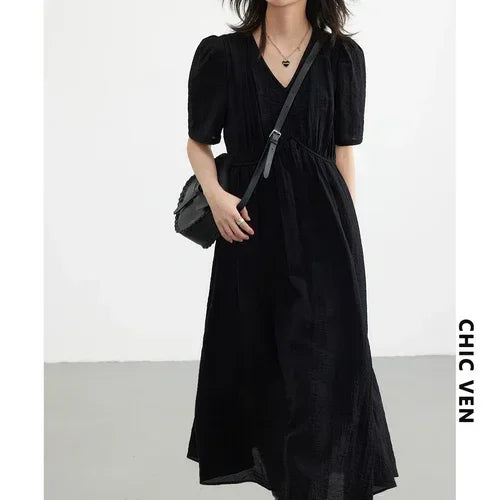 Vestido Longo Feminino Estilo Francês Vintage - Decote V Manga Bufante Preto Solto