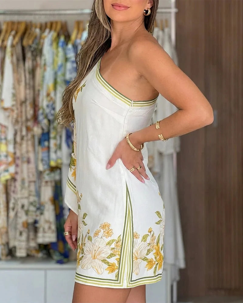 One Shoulder Batwing Sleeve Mini Dress Women Elegant Yellow Floral Print Satin Short Dress Summer Vacation Beach Party Bodycon D