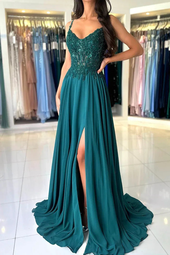 Green Chiffon Evening Dress Women Elegant Applique Suspenders Deep V-neck Backless Bridal Formal Long Ball Gowns Pageant Dress