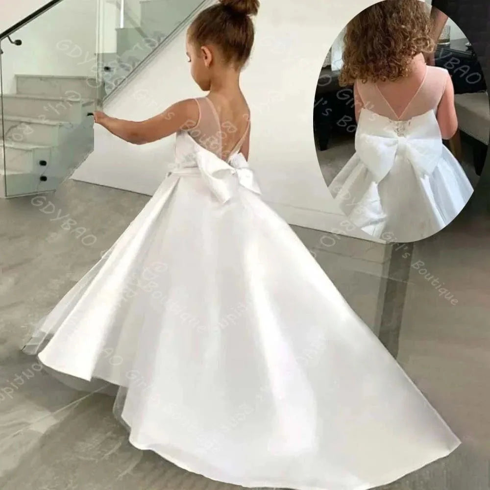 White Flower Girl Dress for Wedding Sheer Neck Open Back First Communion Dress Kids Custom Pageant Party Gown With Bow Sashes