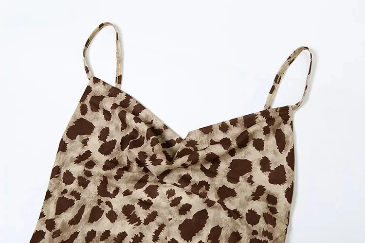 Vestido Feminino com Estampa de Leopardo - Sexy Alças Finas Babados Festa Clube