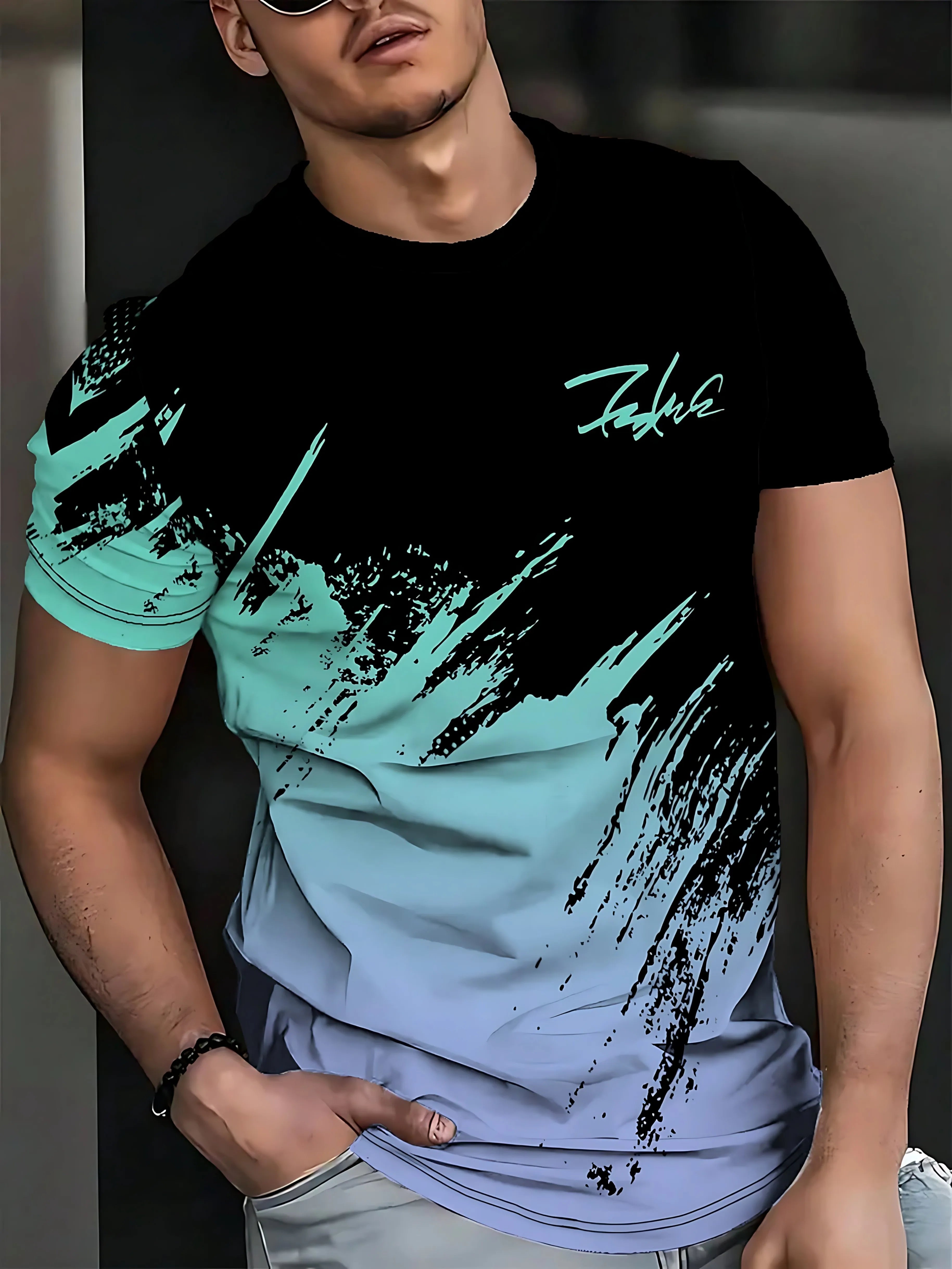 Camiseta Masculina com Estampa Gradiente 3D - Casual Macia Respirável Verão 2025