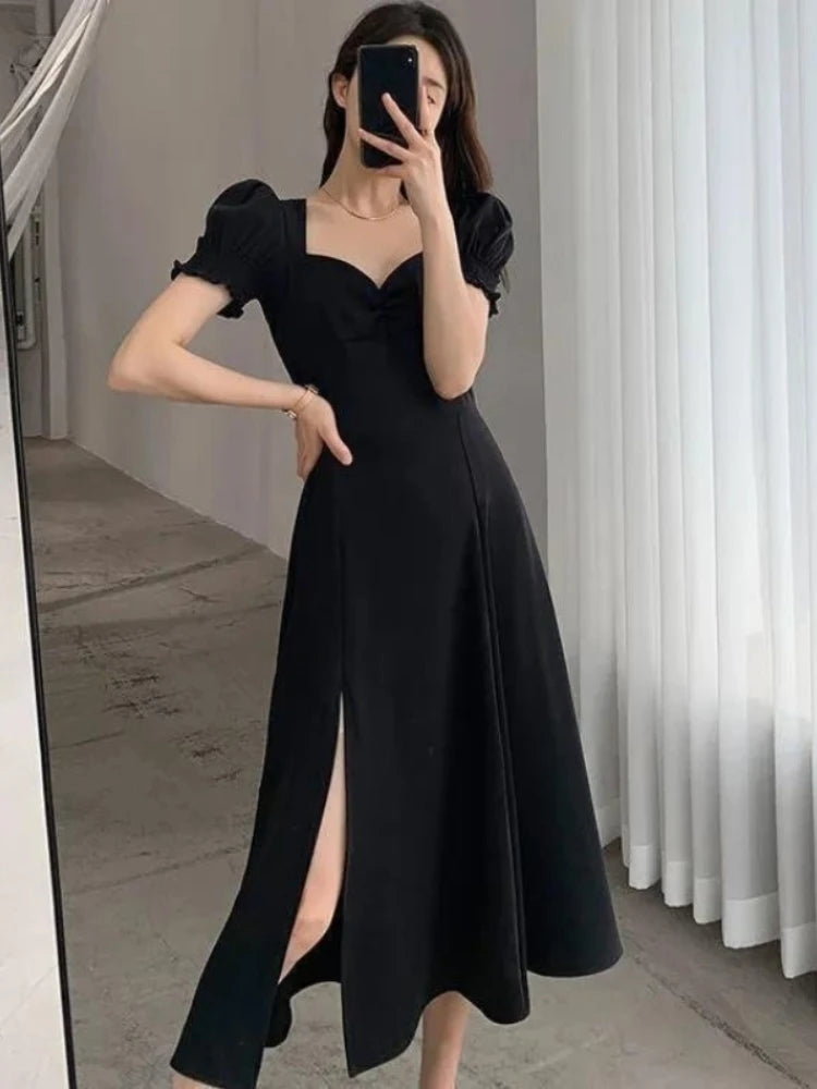 Women Summer V-neck Puff Short-sleeved Dress Elegant Female Side Slit Long A-Line Dresses Solid Sexy Slim Evening Party Vestidos