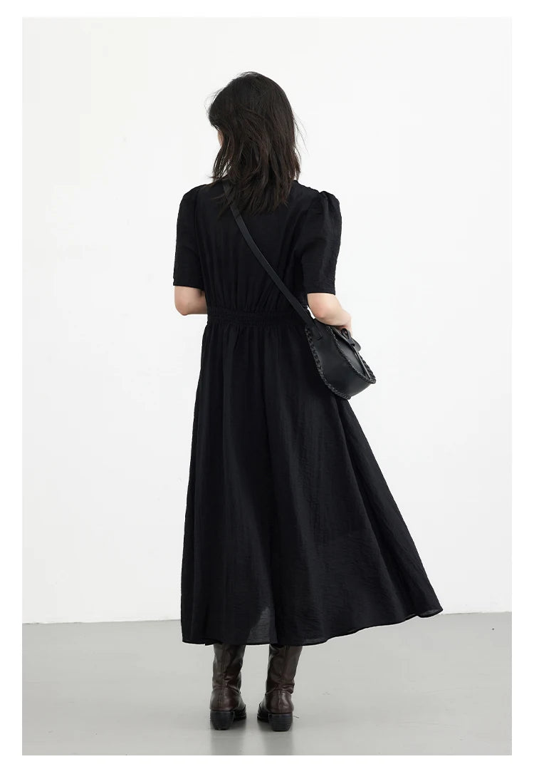 Vestido Longo Feminino Estilo Francês Vintage - Decote V Manga Bufante Preto Solto