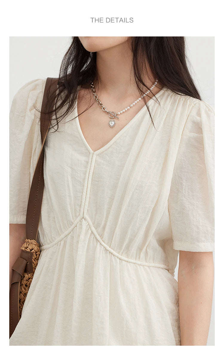 Vestido Longo Feminino Estilo Francês Vintage - Decote V Manga Bufante Preto Solto