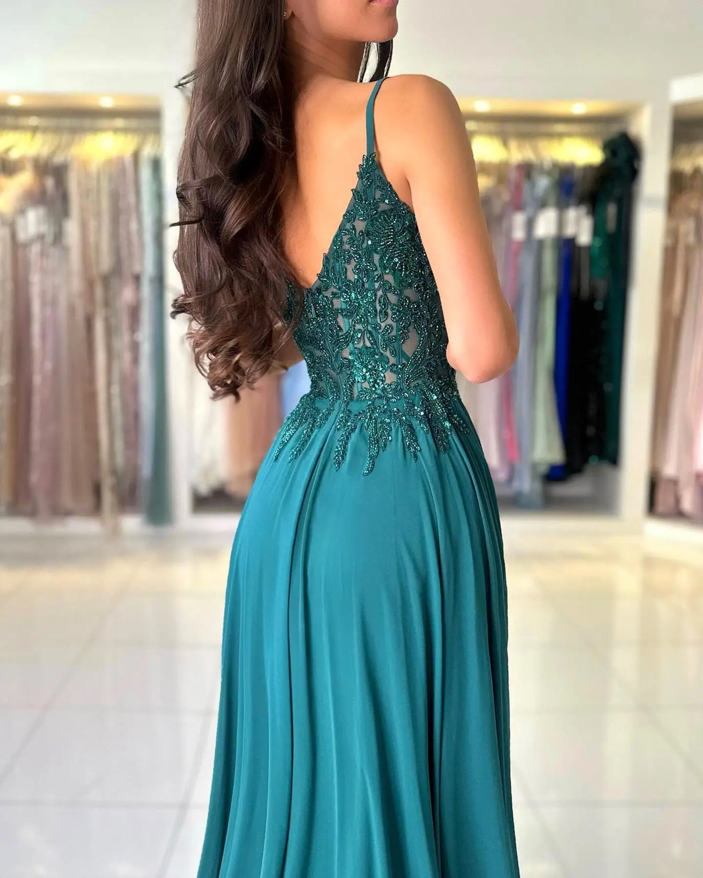 Green Chiffon Evening Dress Women Elegant Applique Suspenders Deep V-neck Backless Bridal Formal Long Ball Gowns Pageant Dress