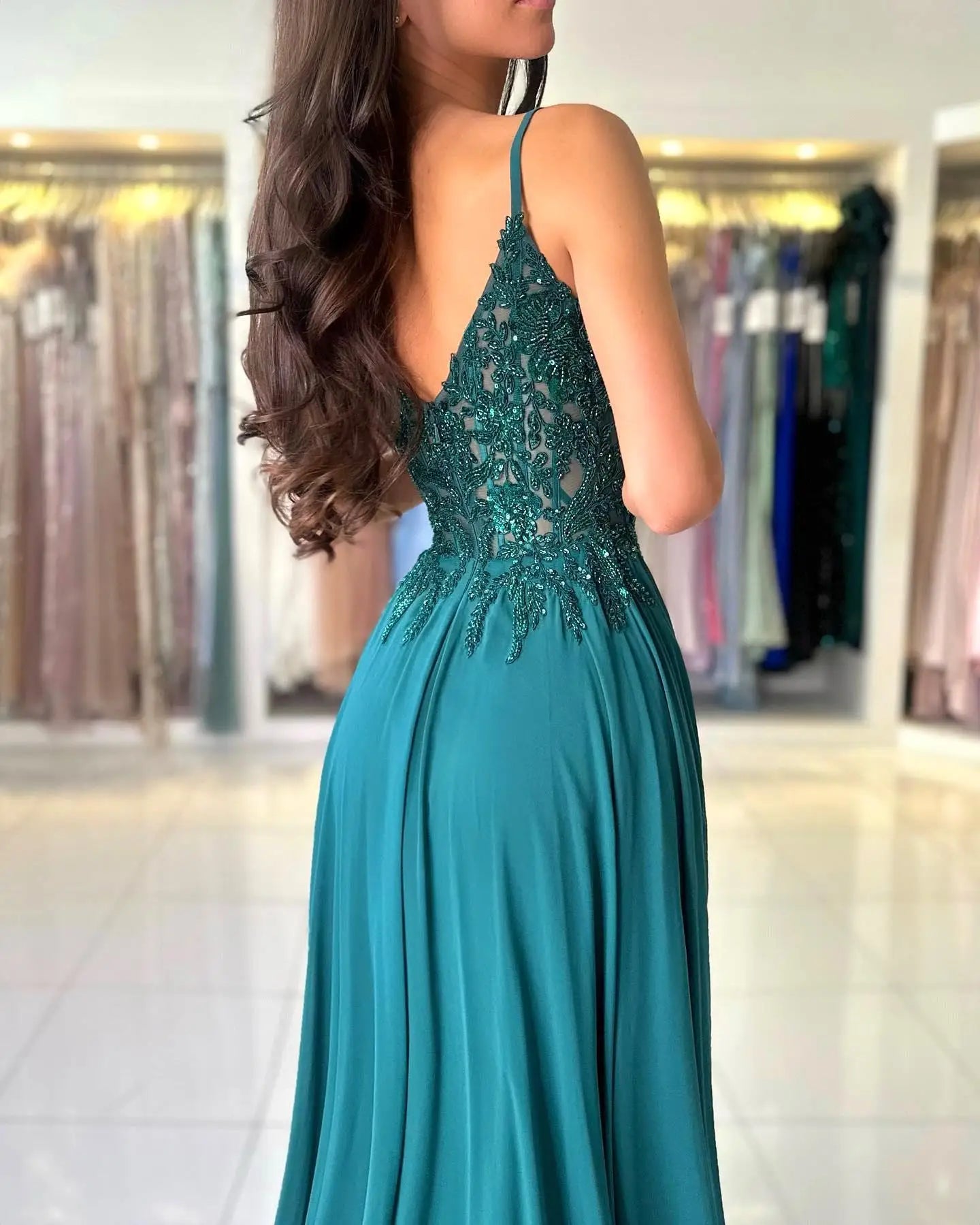 Green Chiffon Evening Dress Women Elegant Applique Suspenders Deep V-neck Backless Bridal Formal Long Ball Gowns Pageant Dress