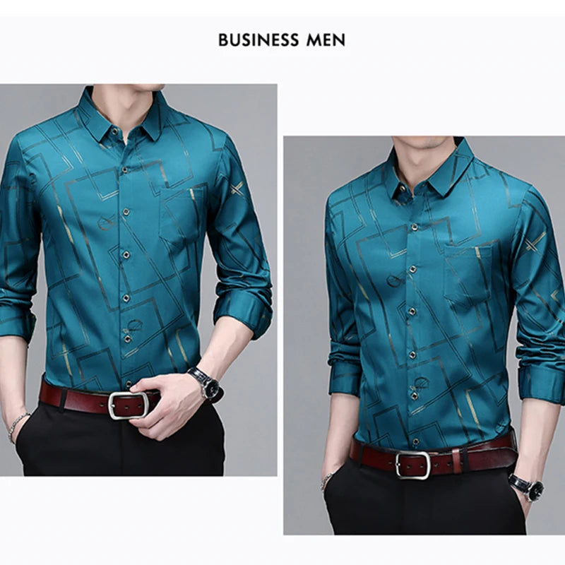 Camisa Masculina Manga Longa Estampada - Sem Amassado Business Casual