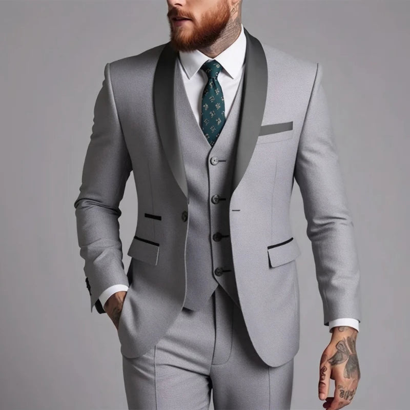 US Size Men Lapel Black Collar 3 Pcs Suit Set Coat Vest Trousers / Business Groom Wedding Dress Fprmal Blazer Pants Waistcoat