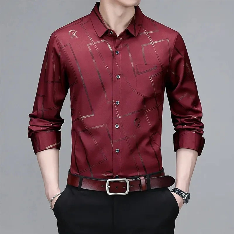 Camisa Masculina Manga Longa Estampada - Sem Amassado Business Casual