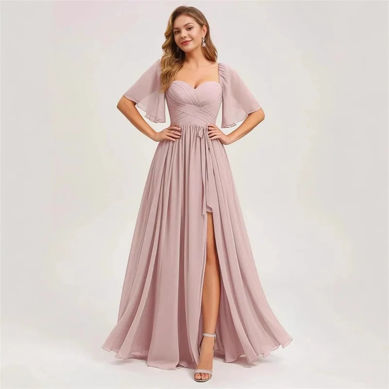 A Line Short Sleeve Chiffon Bridesmaid Dresses One Shouder Slit Pleat Elegant Wedding Party Formal Prom Evening Lace Up Back