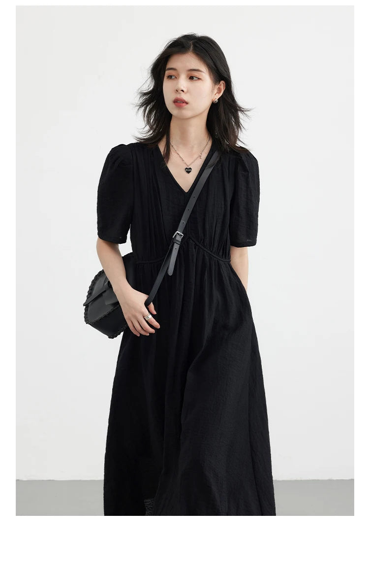 Vestido Longo Feminino Estilo Francês Vintage - Decote V Manga Bufante Preto Solto