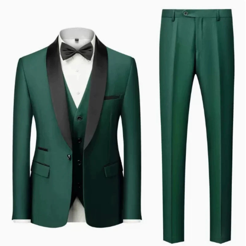 US Size Men Lapel Black Collar 3 Pcs Suit Set Coat Vest Trousers / Business Groom Wedding Dress Fprmal Blazer Pants Waistcoat