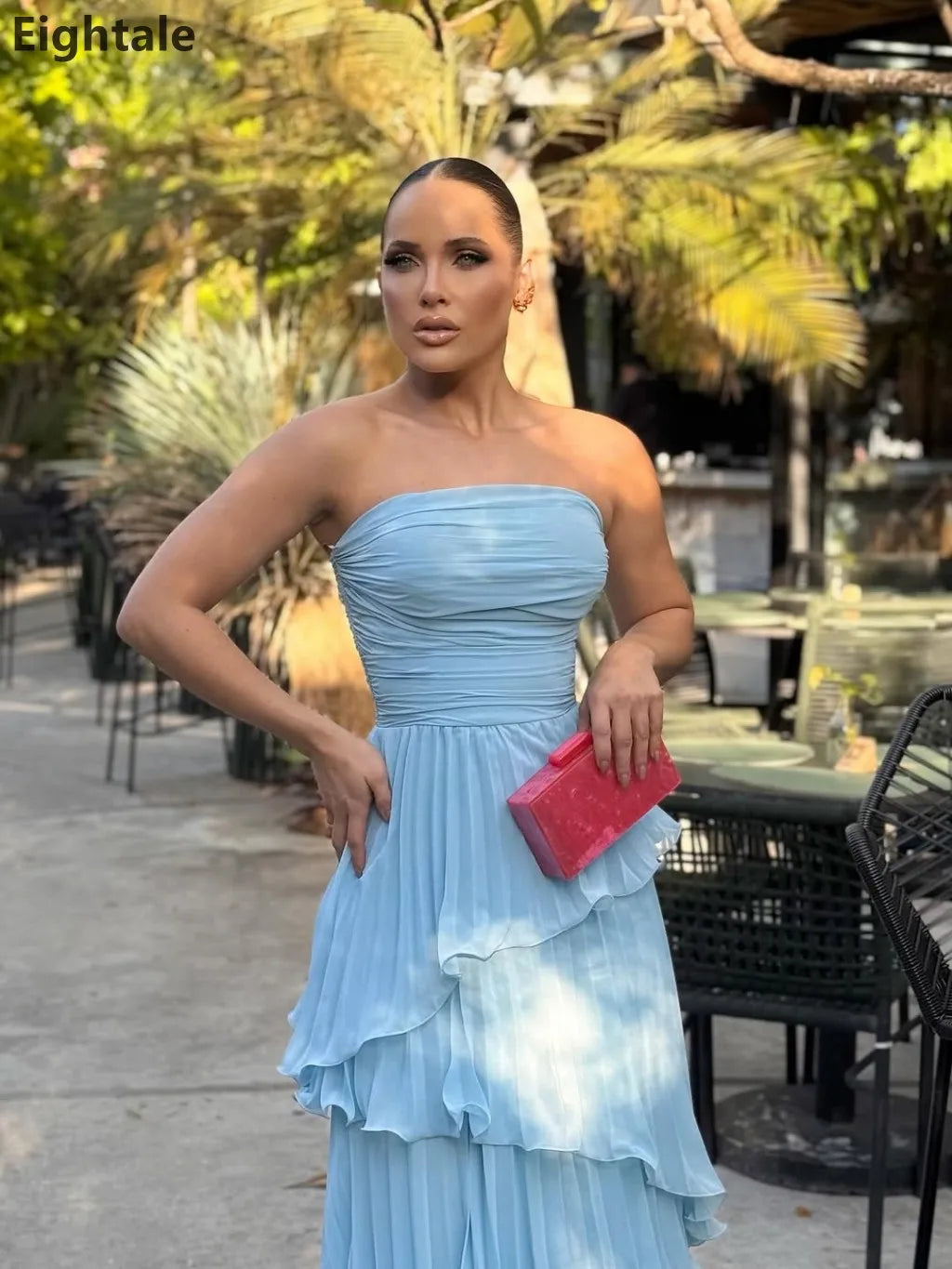 Eightale 2025 Sky Blue A Line Chiffon Maxi Evening Dress Strapless Ruffles Saudi Arabic Prom Dress Dubai Party Gown Customized