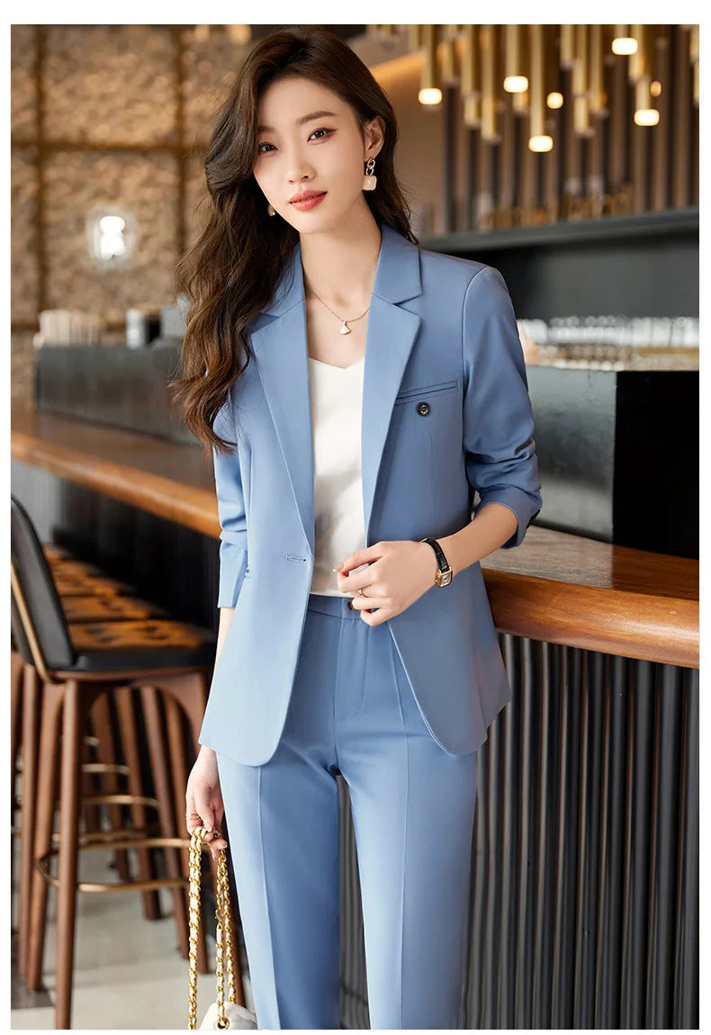 Blue/Coffe/khaki casual business women' suit spring and autumn high-end workplace temperament double-breasted suit trousers suit