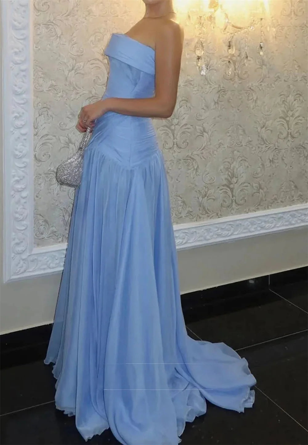 Contessa Custom Light Blue Draped Evening Dress Ruched Chiffon Prom Dresses A-Line Vestidos De Noche Train Formal Evening 2026