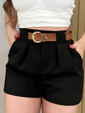 Shorts Feminino Casual Cor Sólida com Bolso e Cintura Elástica
