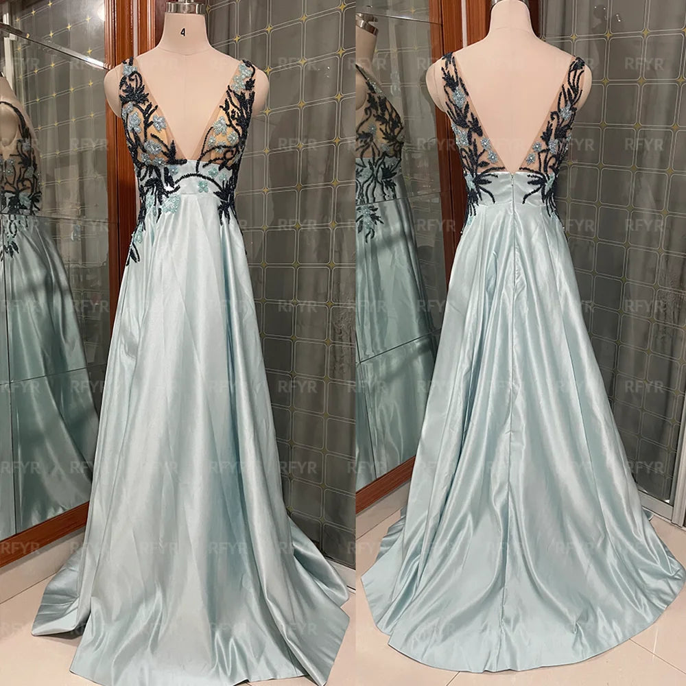 RFYR Spaghetti Strap Blue Formal Dresses Deep V Neck Party Dress For Wedding Appliques Lace Special Occasion Dresses Customized