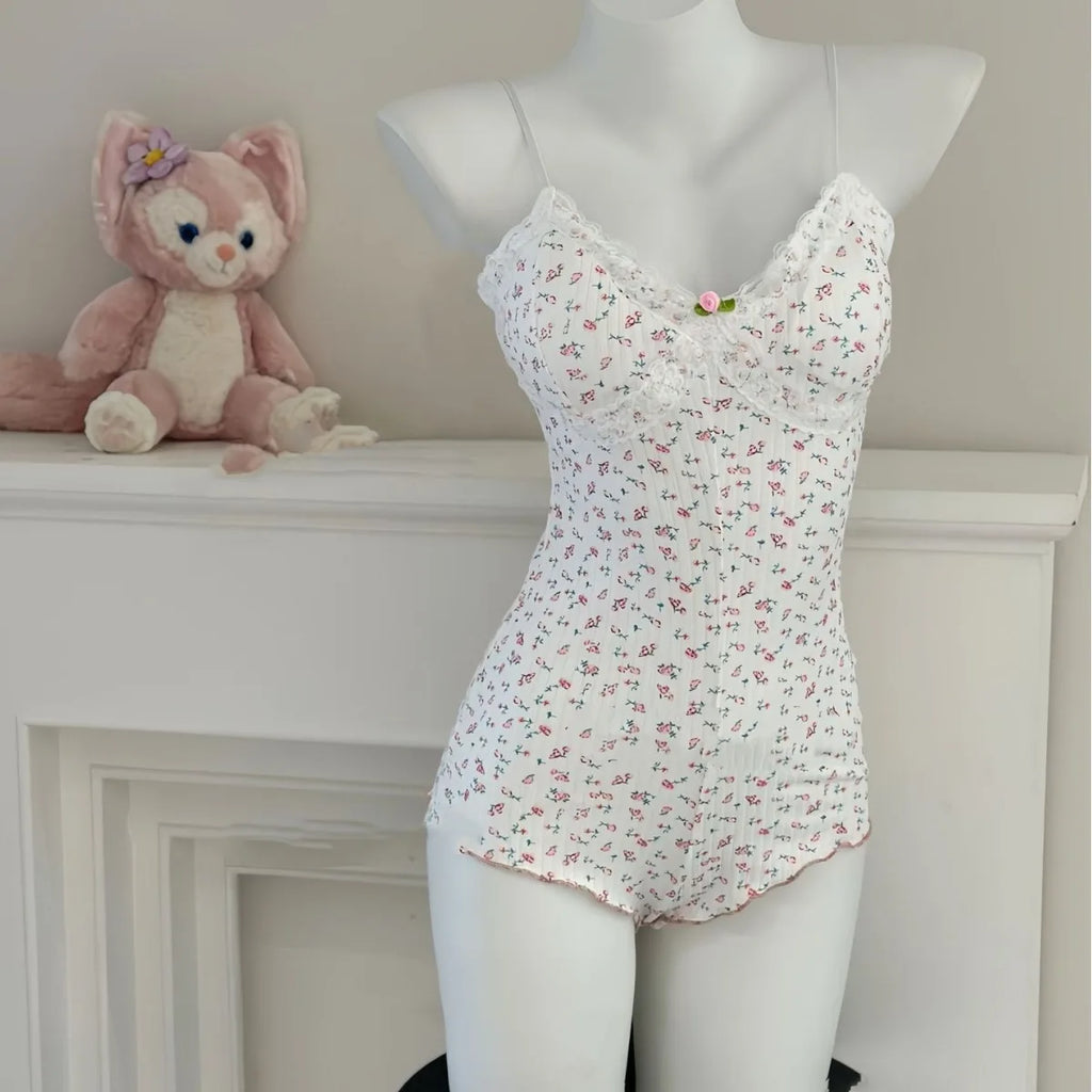 Body Feminino Floral com Renda - Sem Manga Slim Fit Lingerie Jumpsuit Sexy