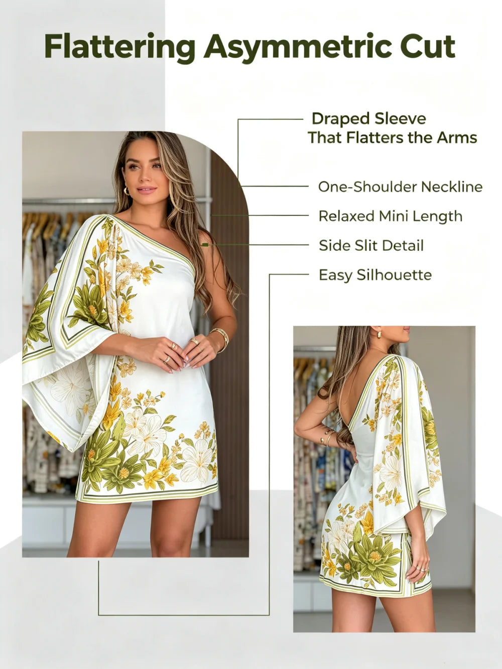 One Shoulder Batwing Sleeve Mini Dress Women Elegant Yellow Floral Print Satin Short Dress Summer Vacation Beach Party Bodycon D
