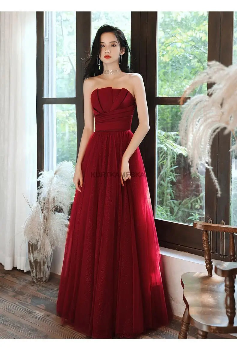 Satin Strapless Evening Prom Dresses for Women Summer 2026 Elegant Sexy Ruched Mesh Long Formal Party Show Host Dress Vestidos