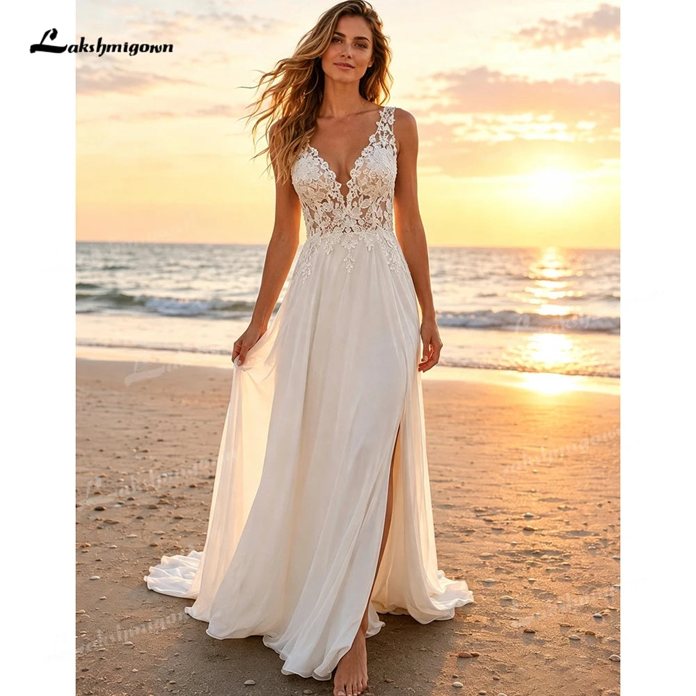 Elegant Deep V Lace Boho Wedding Dress Chiffon A Line Bridal Gowns High Split Low BackWedding Gowns vestido de novia Customized
