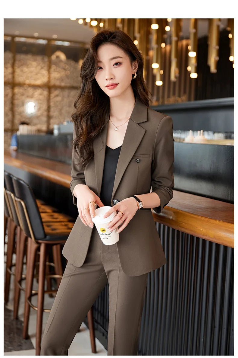 Blue/Coffe/khaki casual business women' suit spring and autumn high-end workplace temperament double-breasted suit trousers suit