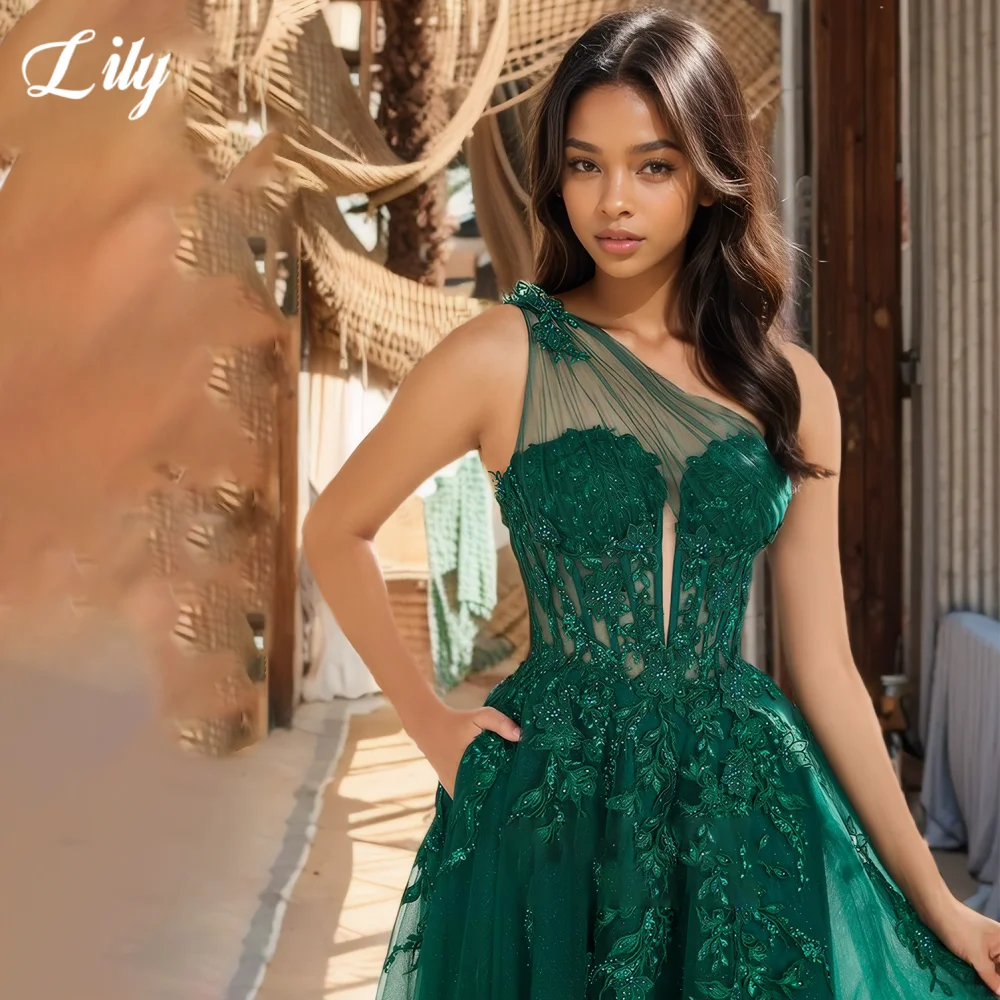 Lily Green Elegant Prom Dress Sweetheart One shoulder Hollow Party Dress with Fishbone Lace Applique Split Ball Gown Customized