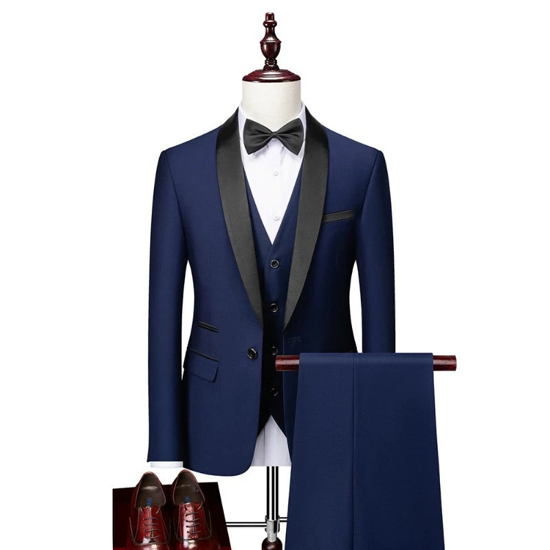 US Size Men Lapel Black Collar 3 Pcs Suit Set Coat Vest Trousers / Business Groom Wedding Dress Fprmal Blazer Pants Waistcoat