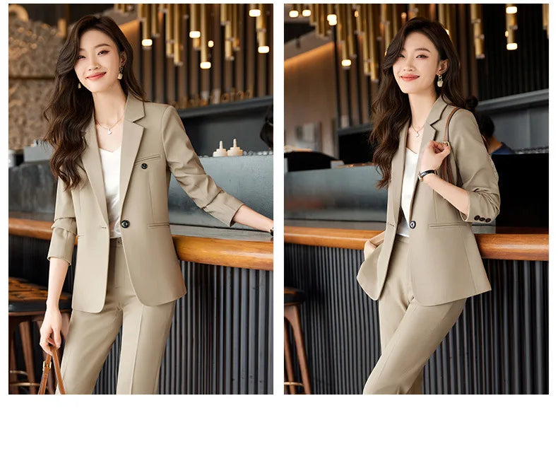 Blue/Coffe/khaki casual business women' suit spring and autumn high-end workplace temperament double-breasted suit trousers suit