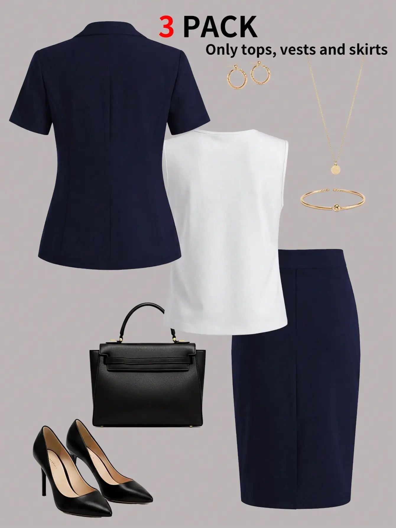 Women's elegant business-style short-sleeve blazer set for spring and summer, paired with a solid-color camisole and a knee-length skirt. Ideal for job interviews, business office wear, and fashionable commuting.