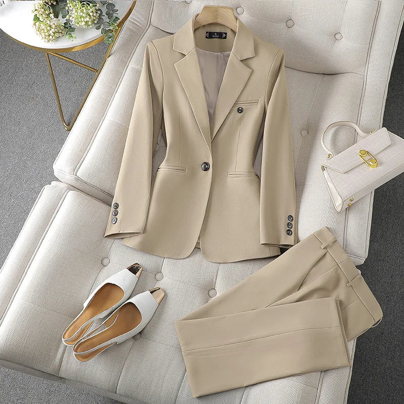 Blue/Coffe/khaki casual business women' suit spring and autumn high-end workplace temperament double-breasted suit trousers suit