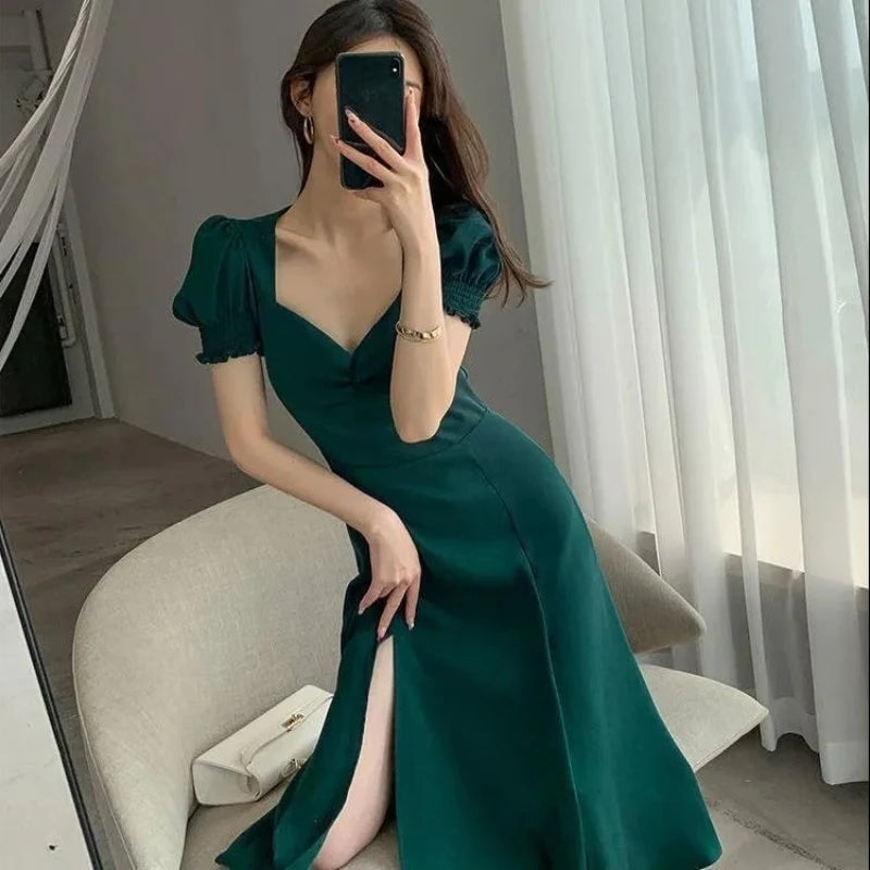 Women Summer V-neck Puff Short-sleeved Dress Elegant Female Side Slit Long A-Line Dresses Solid Sexy Slim Evening Party Vestidos