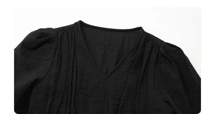 Vestido Longo Feminino Estilo Francês Vintage - Decote V Manga Bufante Preto Solto