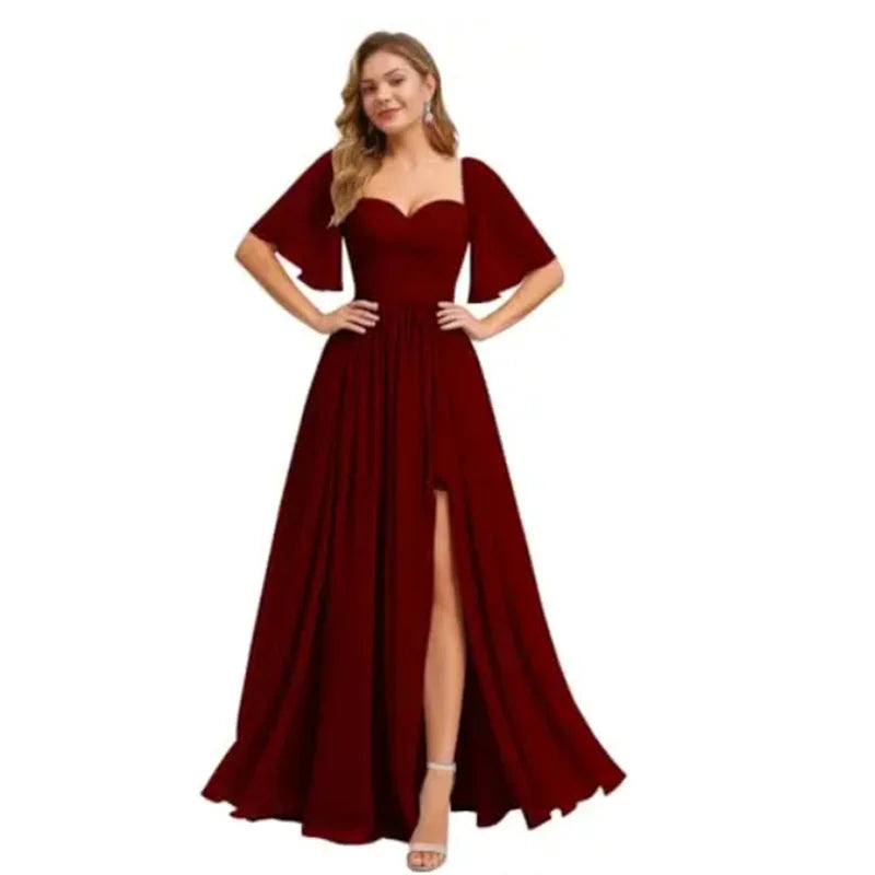 A Line Short Sleeve Chiffon Bridesmaid Dresses One Shouder Slit Pleat Elegant Wedding Party Formal Prom Evening Lace Up Back