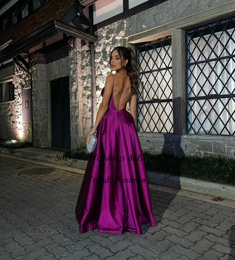 SoDigne Purple V Neck Prom Dress Spaghetti Straps Sleeveless Backless A Line Evening Dresses Women Formal Party Gowns Customized